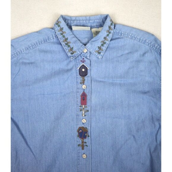 NORTHERN REFLECTIONS - DENIM BIRDHOUS EMBROIDERED LONG SLEEVE BUTTON-UP TOP - XS - Picture 2 of 6